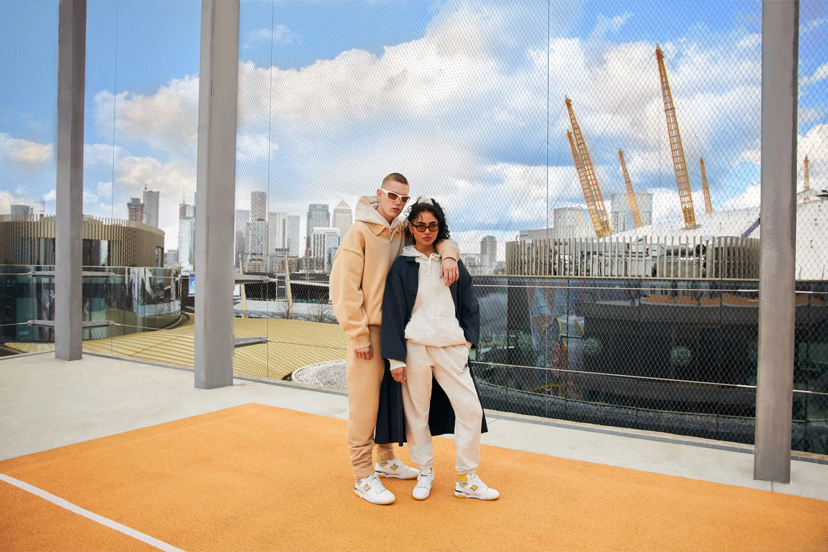 Two people modelling the New Balance’s 650r sneaker in front of the london skyline.