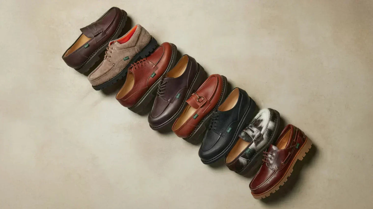 A lineup of Paraboot loafers and brogues — including the Reims, Michael and Briac — shown in various leather colours.