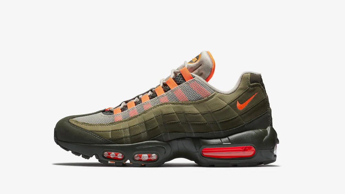 The Nike Air Max 95 OG 'Olive and Orange' sneaker.