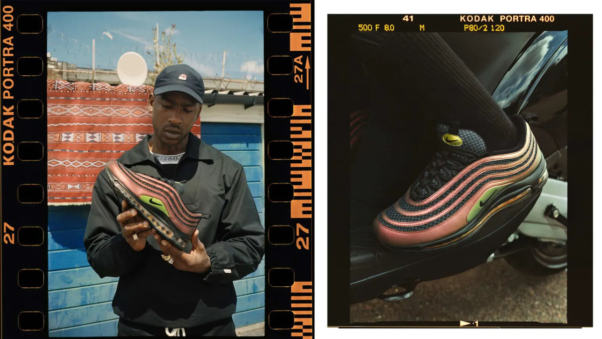 Skepta holding his Air Max 97 collaboration with Nike.
