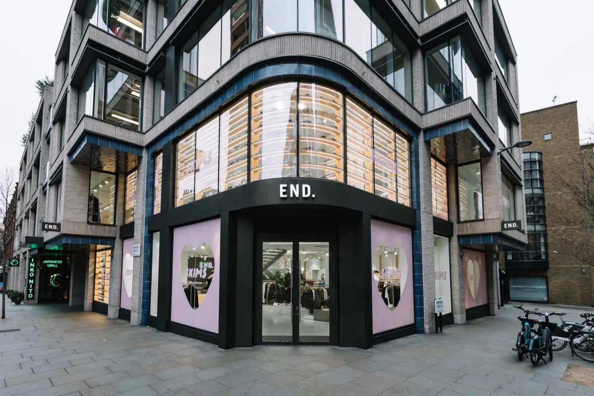 Exterior of END. Soho store with SKIMS Valentine posters in window