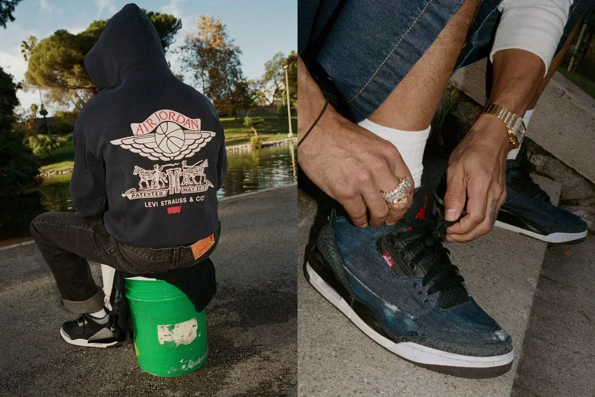 A person sits by a pond wearing a hoodie with an Air Jordan × Levi’s graphic, while another close‑up shows hands tying denim Air Jordan sneakers.