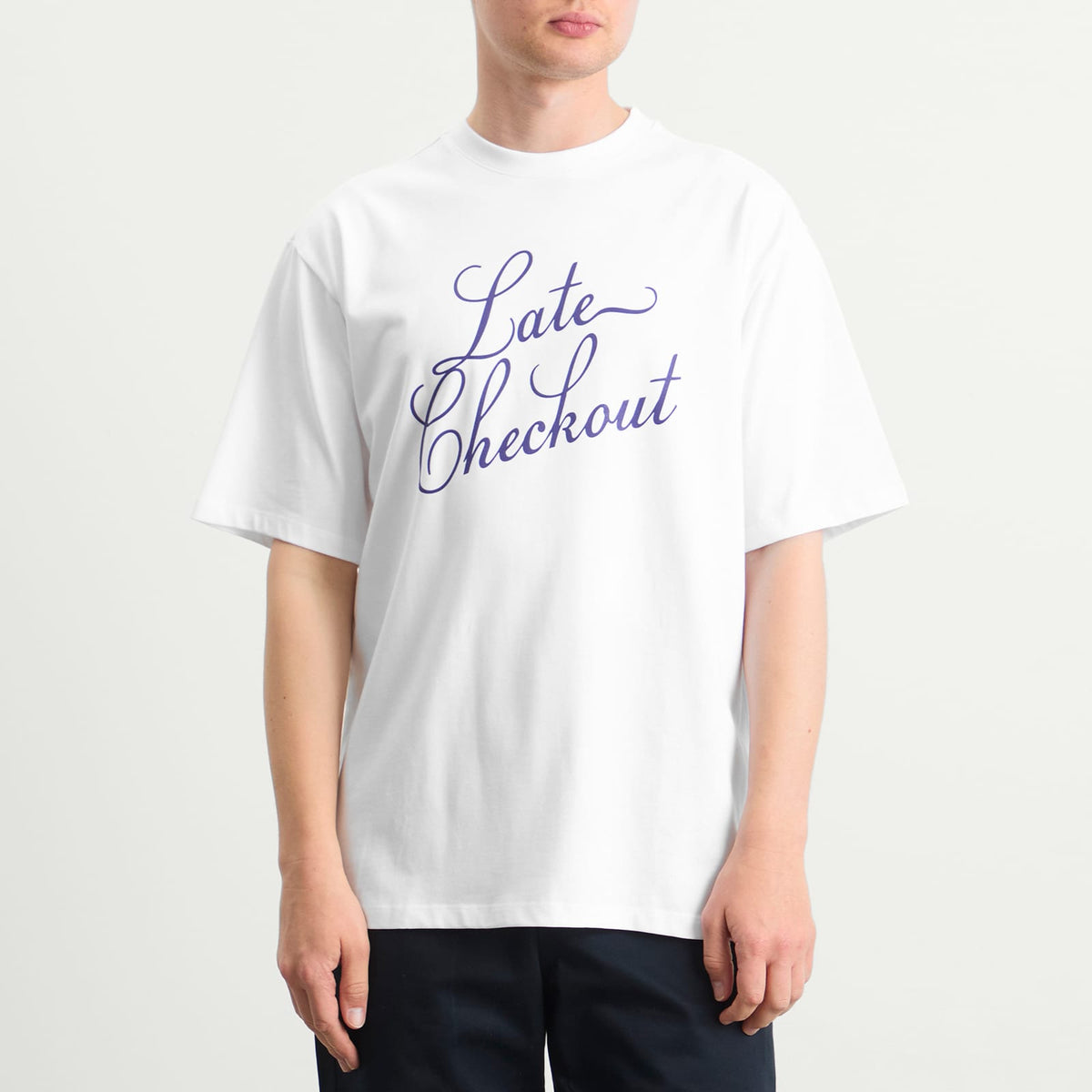 Late Checkout White Blue Script Tee