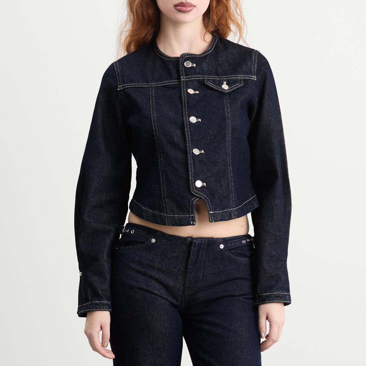 Peachy Den Goldie Collarless Denim Jacket