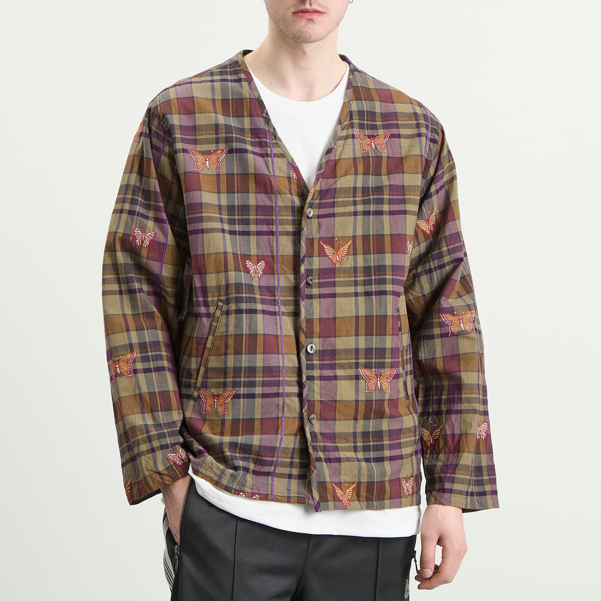 Needles Embroidered Madras Plaid Cardigan