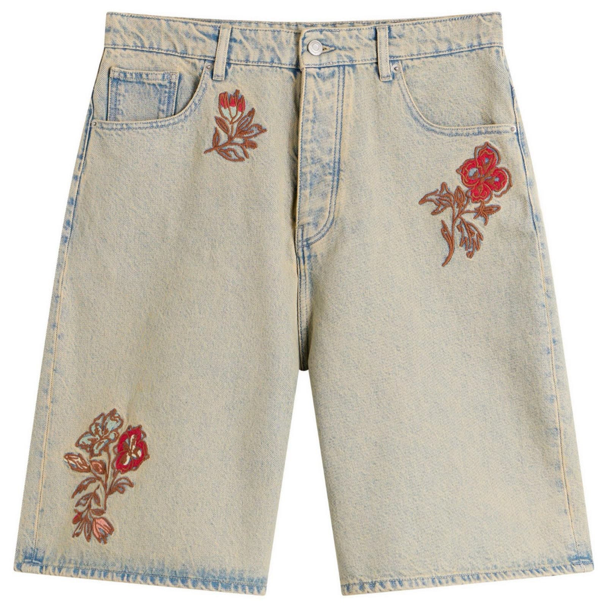 Drôle de Monsieur Embroidered Flowers Patch Denim Shorts