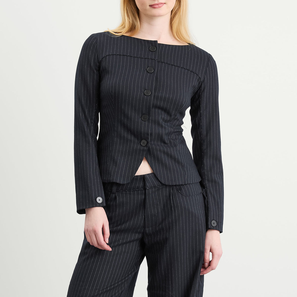 Peachy Den Bardot Long Sleeve Button Front Top
