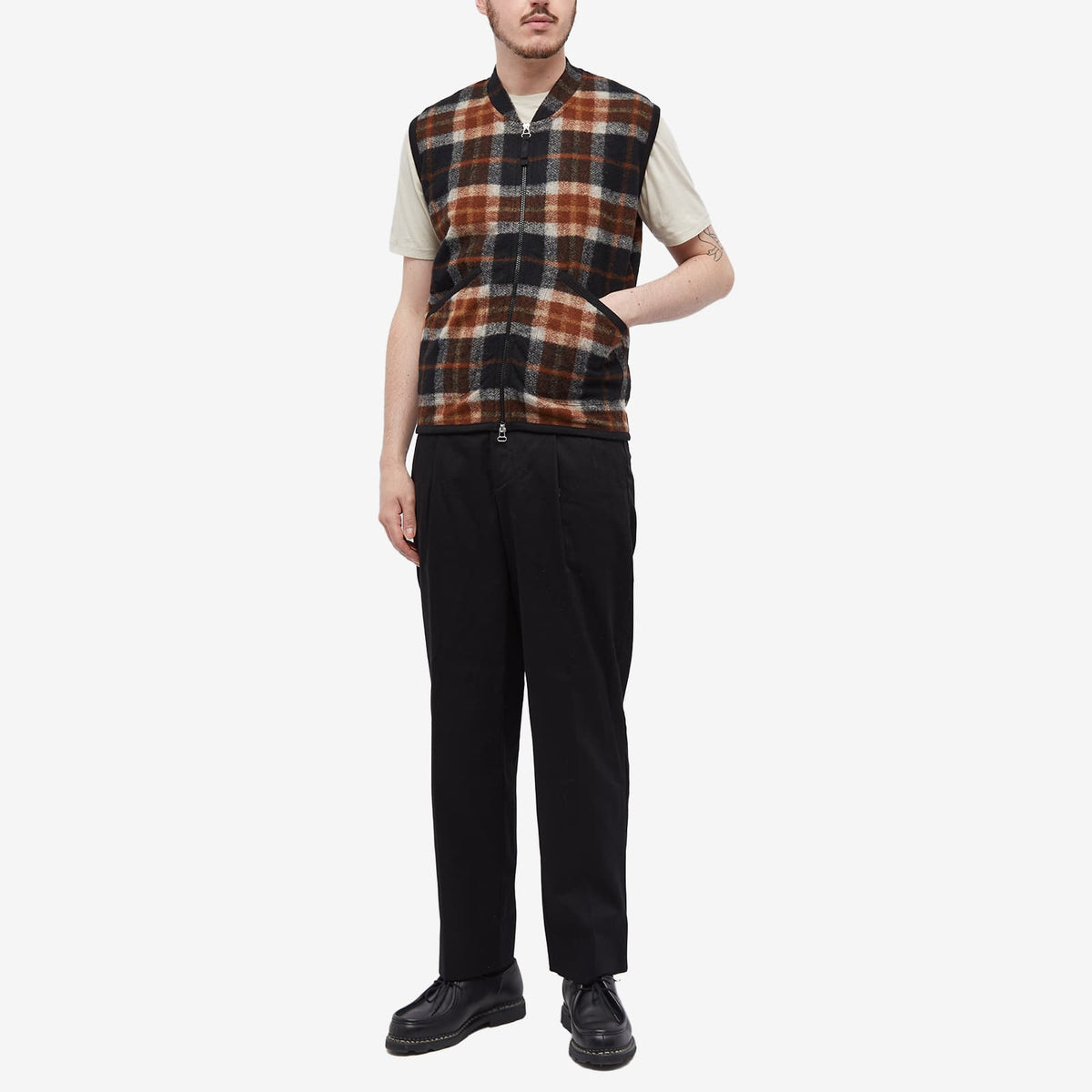 Universal Works Check Wool Fleece Zip Waistcoat