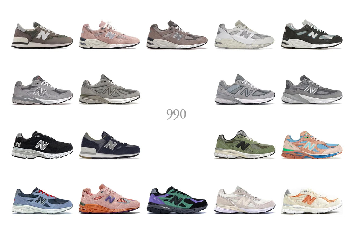 The side profiles of many New Balance 990 sneakers.