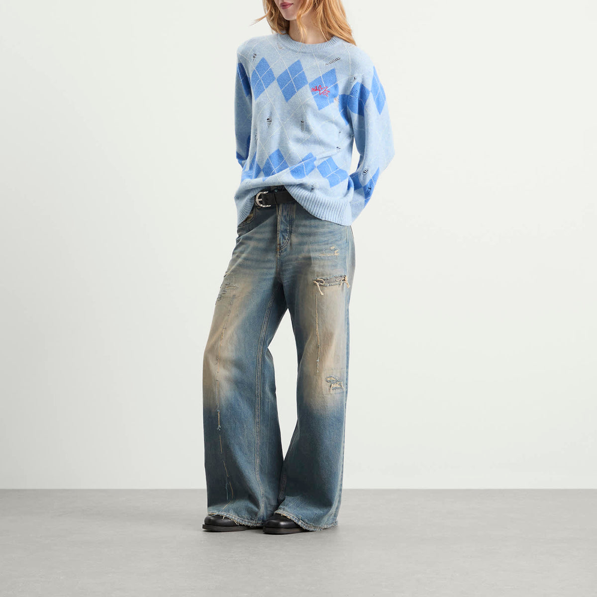 Charles Jeffrey Loverboy Distressed Argyle Jumper