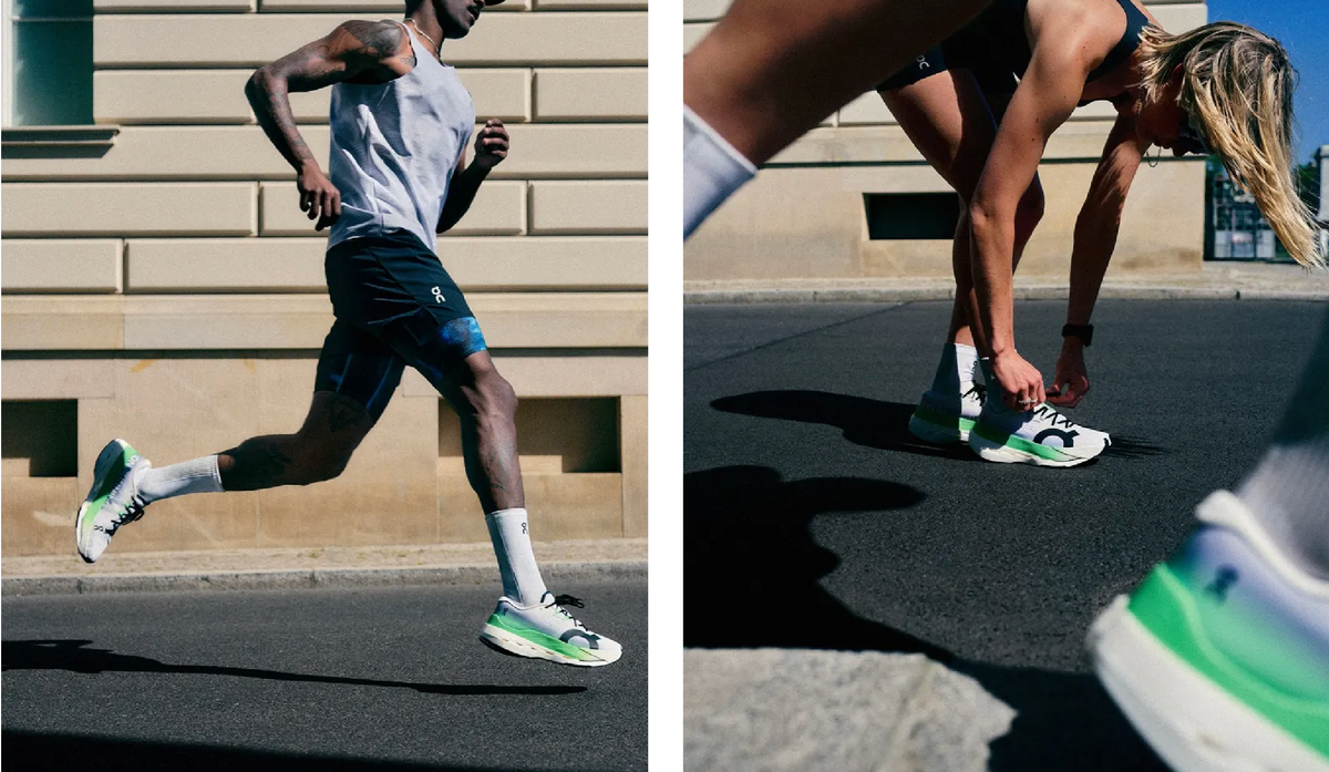 Two images showing men running, each wearing On running shoes and On running shorts.