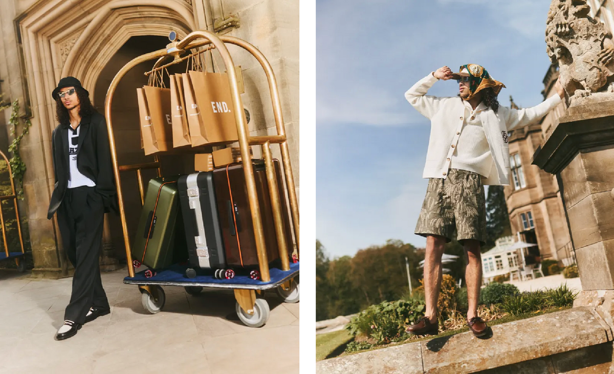 Two images side by side. Image 1: a model in a summer menswear editorial wearing a Maison Margiela suit and Duke + Dexter loafers. Image 2: a model in a Drôle de Monsieur cardigan, Jacquemus shorts and Paraboot boat shoes.