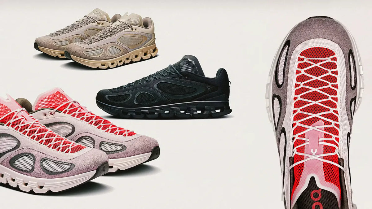 On Running sneakers displayed in different proportions, scales, and angles, featuring all‑black, pink, and beige colourways.