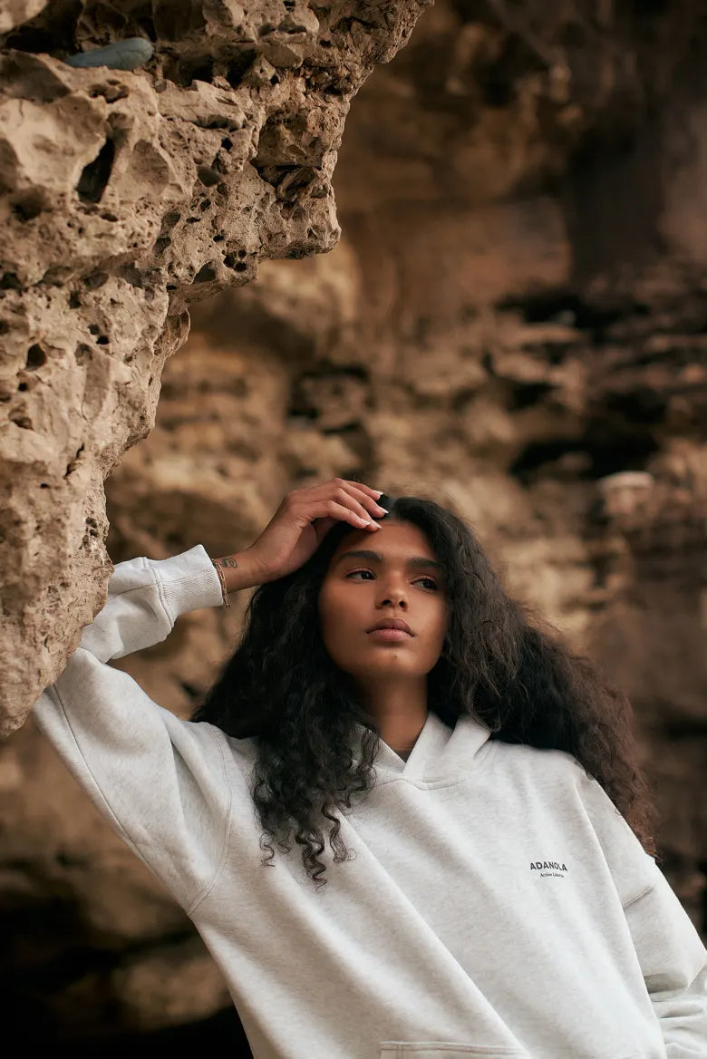 Model wearing Adanola hoodie that's exclusive to END.