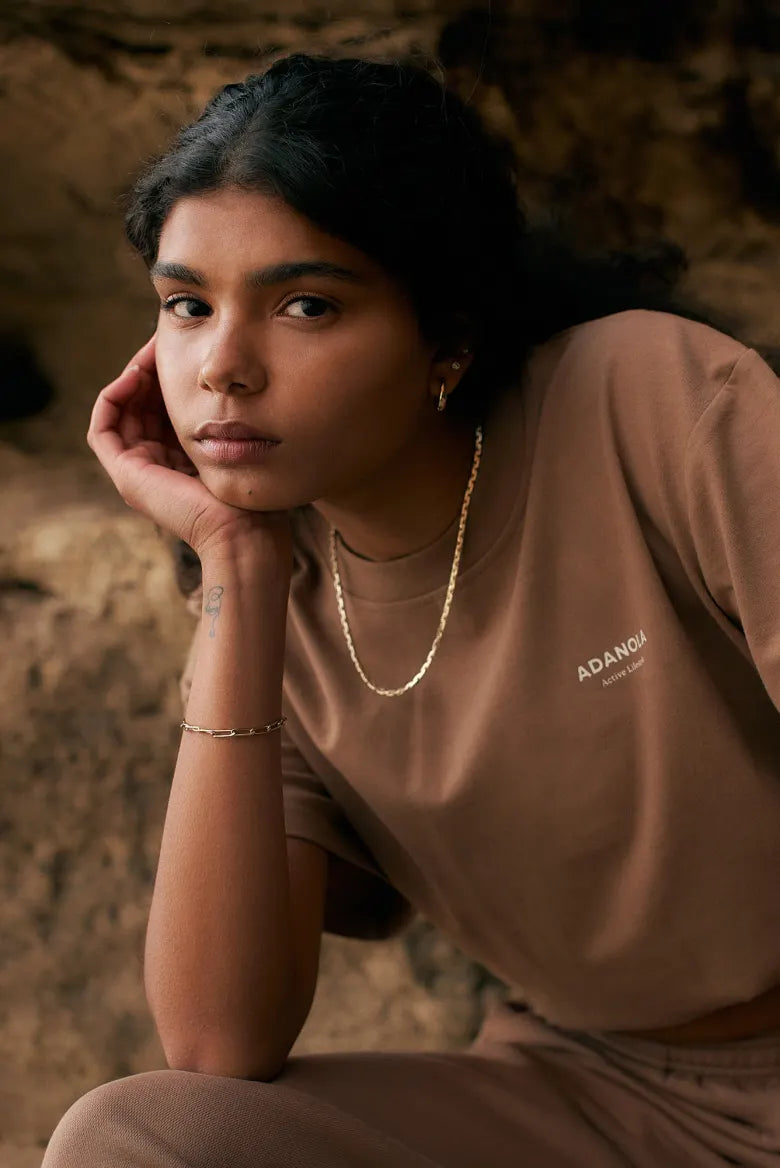 Model wearing Adanola tee that's exclusive to END.