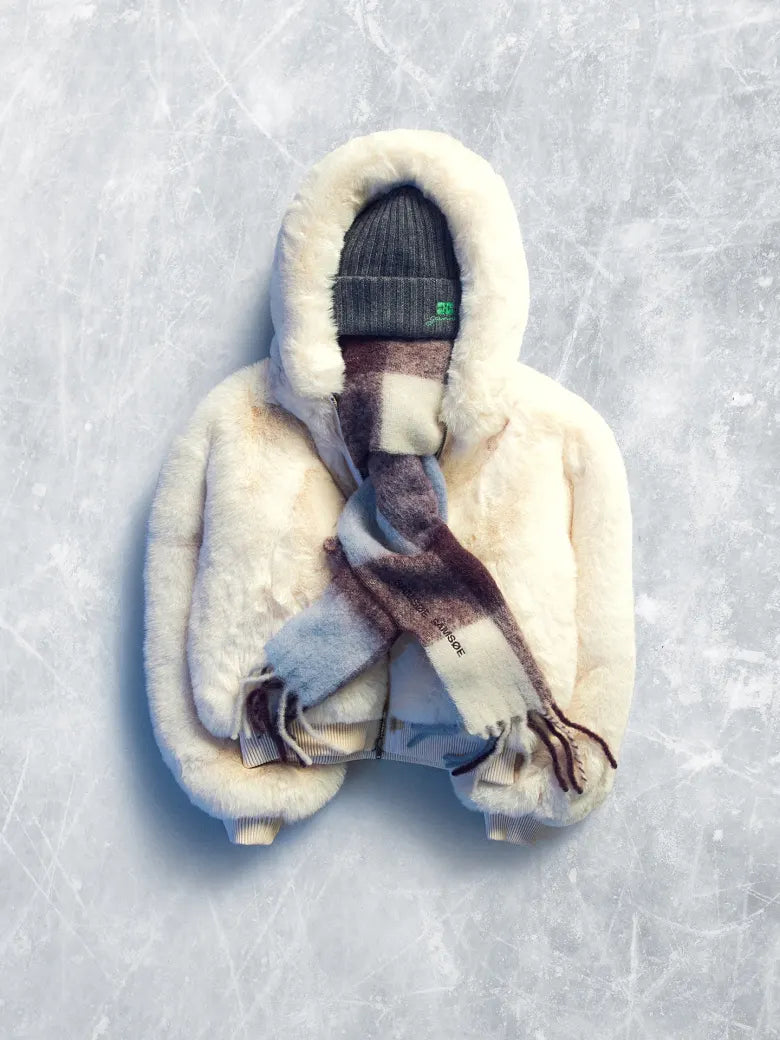 Women's outdoor fleece jacket with beanie and scarf