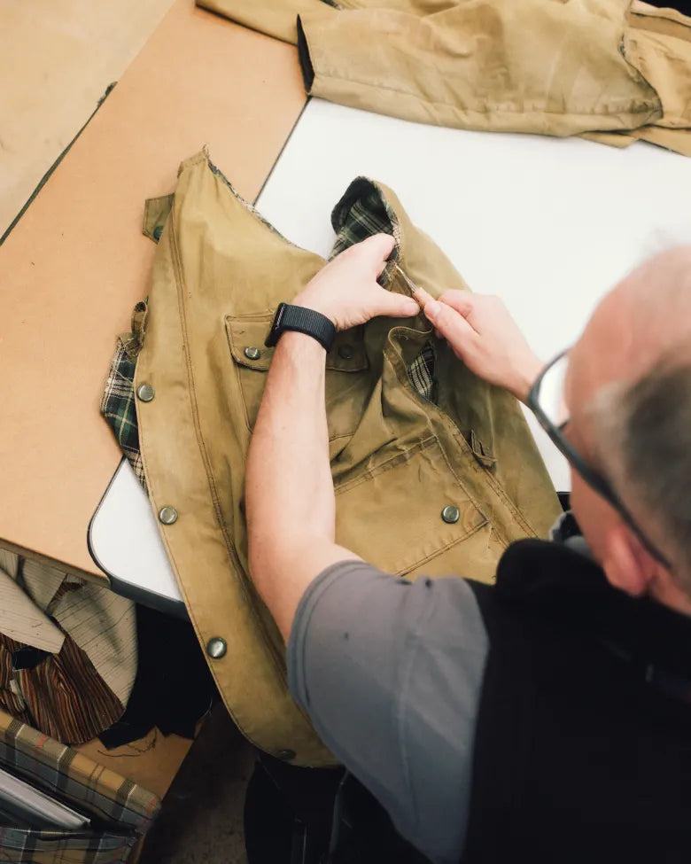 Image of wax jacket being made at the Barbour factory in South Shields