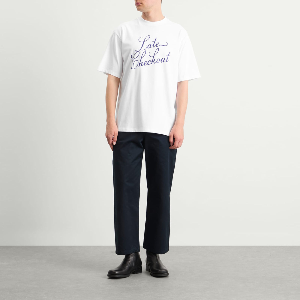 Late Checkout White Blue Script Tee