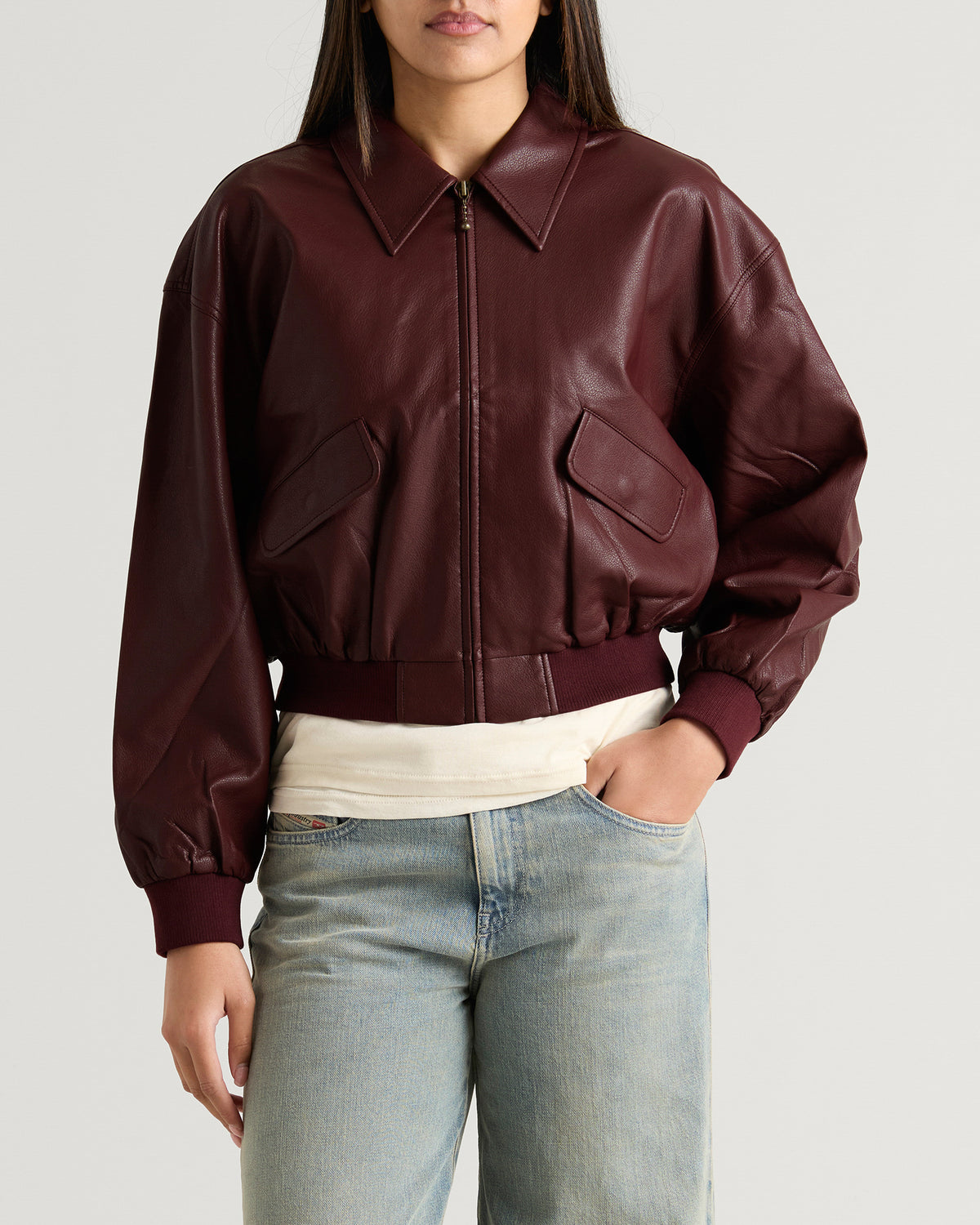 Good American Leather Cropped Bomber Jacket