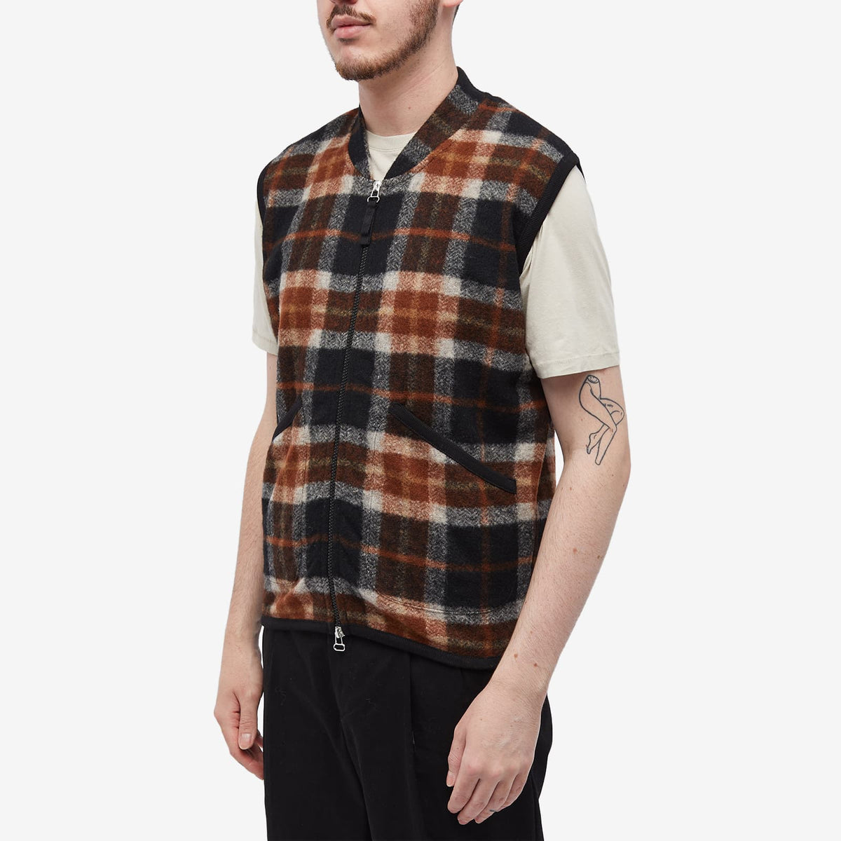 Universal Works Check Wool Fleece Zip Waistcoat