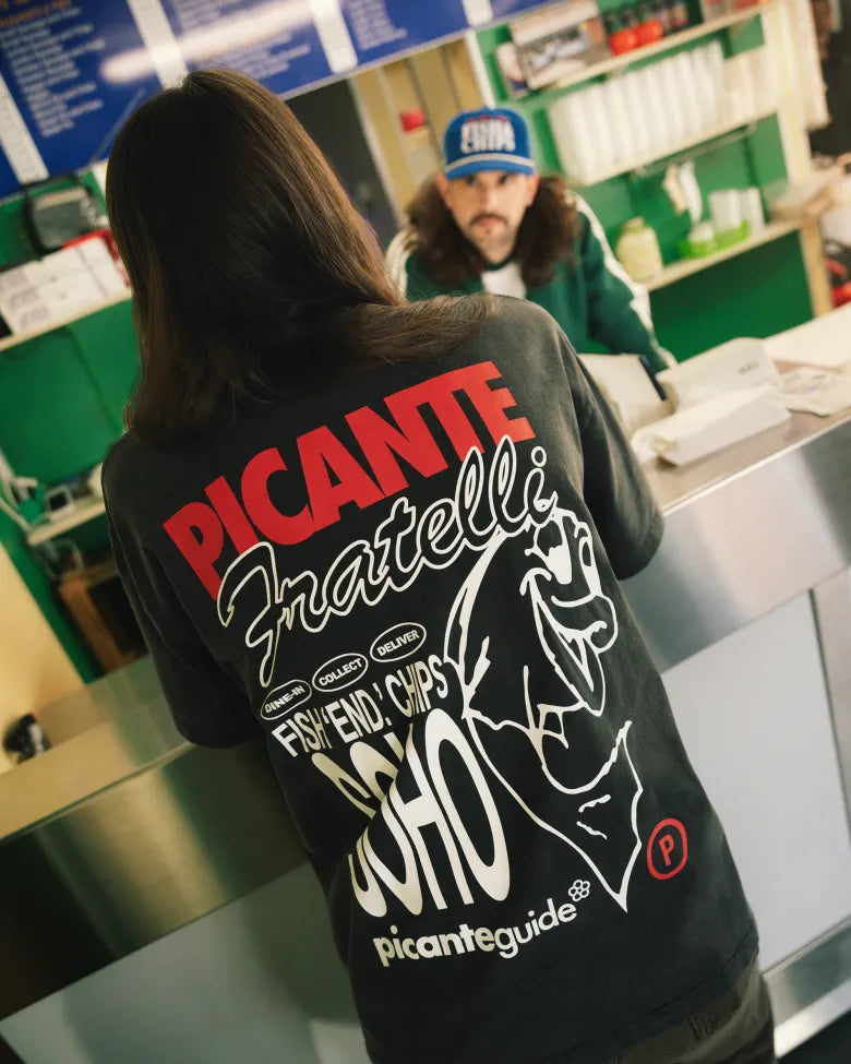 Picante t-shirt in a chip shop