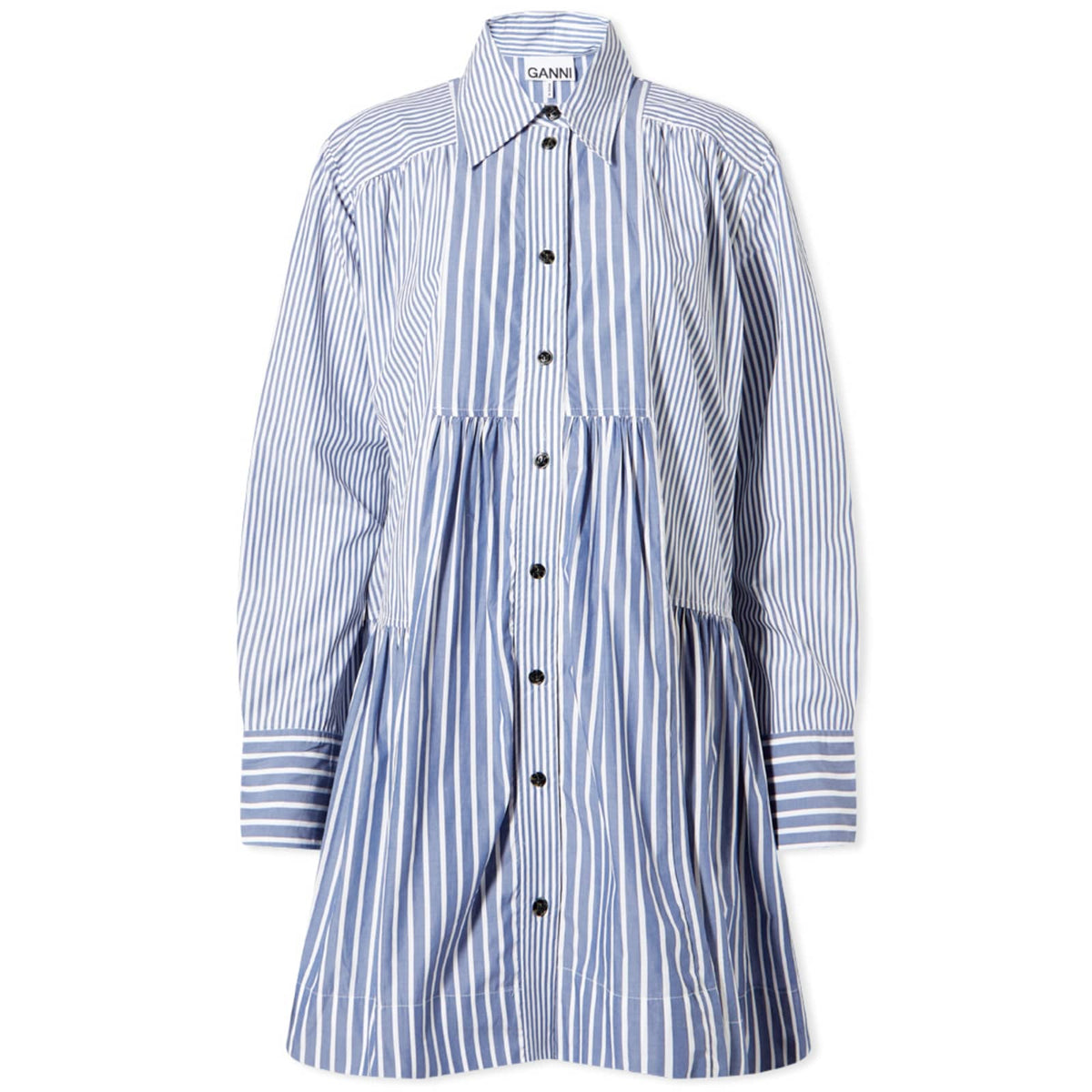 GANNI Stripe Cotton Wide Mini Shirt Dress