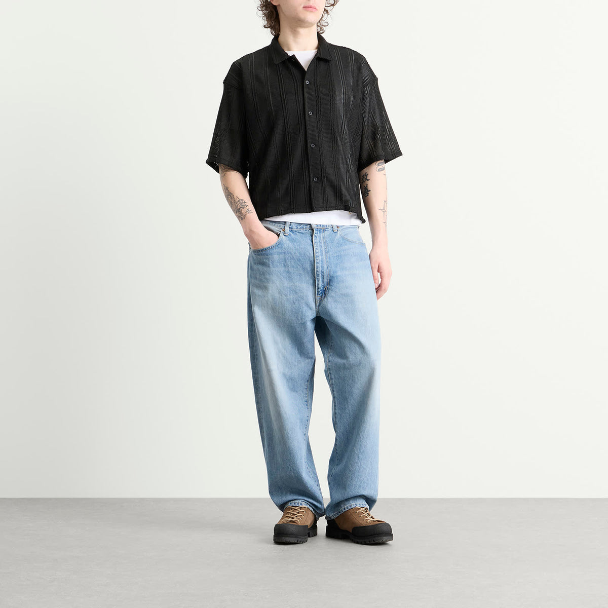 BEAMS Mesh Open Collar Shirt