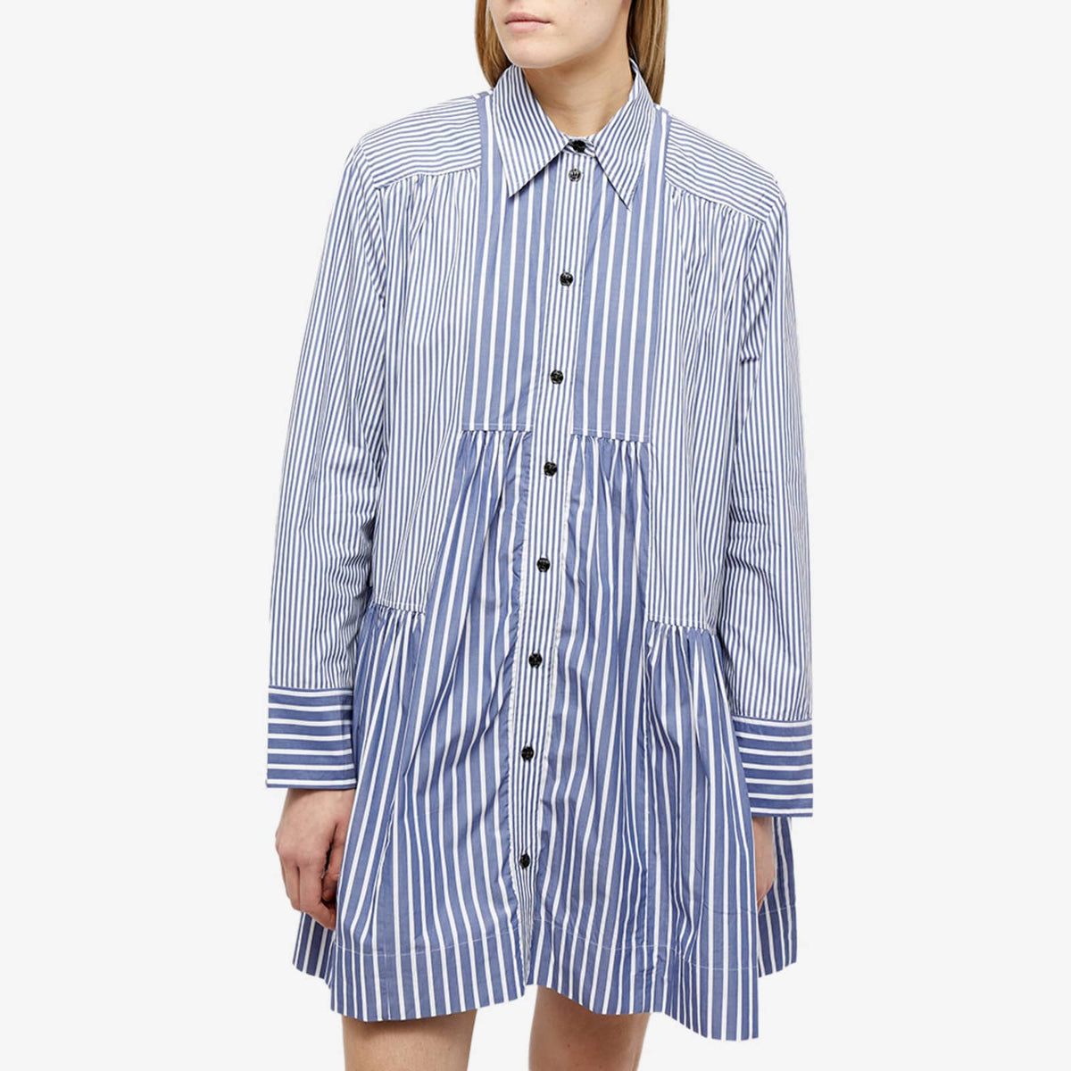 GANNI Stripe Cotton Wide Mini Shirt Dress