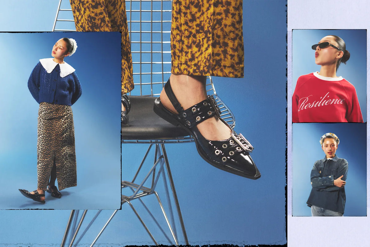 Collage of GANNI loafers with varying outfit options