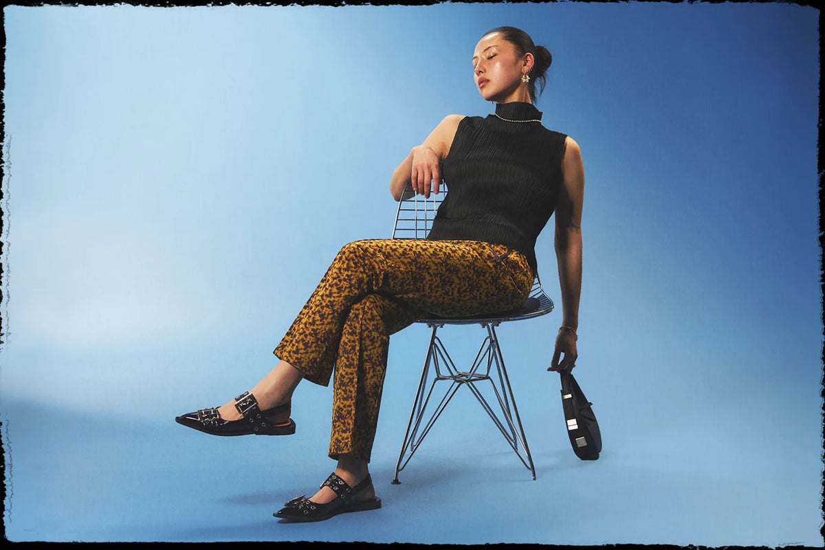 GANNI loafers with leopard print trousers and black vest top