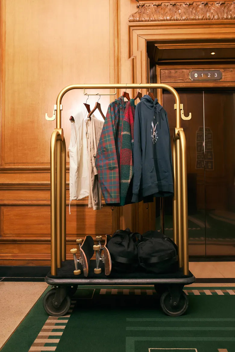 Hotel trolley displaying Pop Trading Company and Gleneagles collaboration clothing