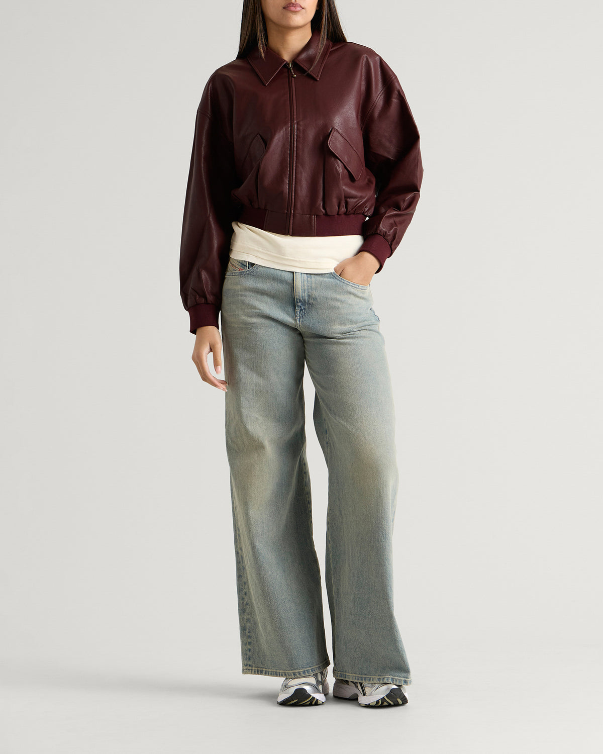Good American Leather Cropped Bomber Jacket
