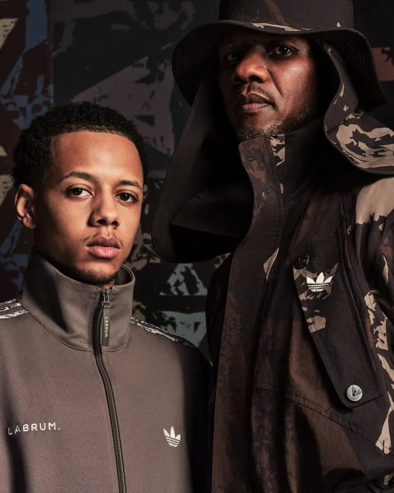 Duo wearing Camo jacket and track top adidas Originals and Labrum bespoke collection for END.