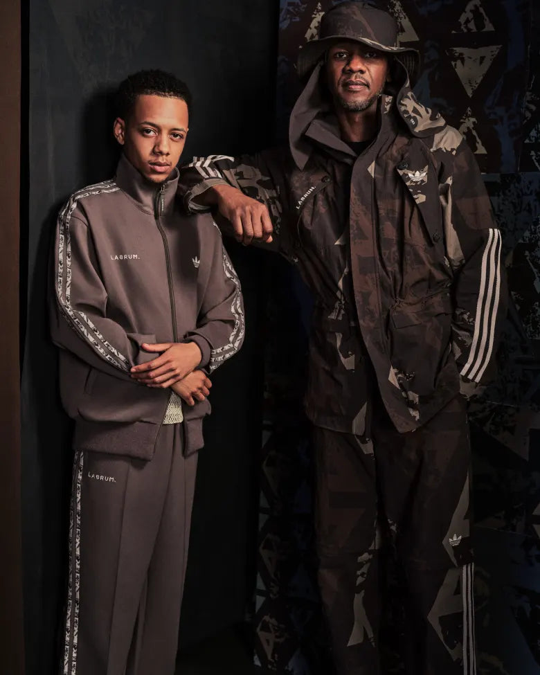 Duo wearing Camo jacket set and tracksuit adidas Originals and Labrum bespoke collection for END.
