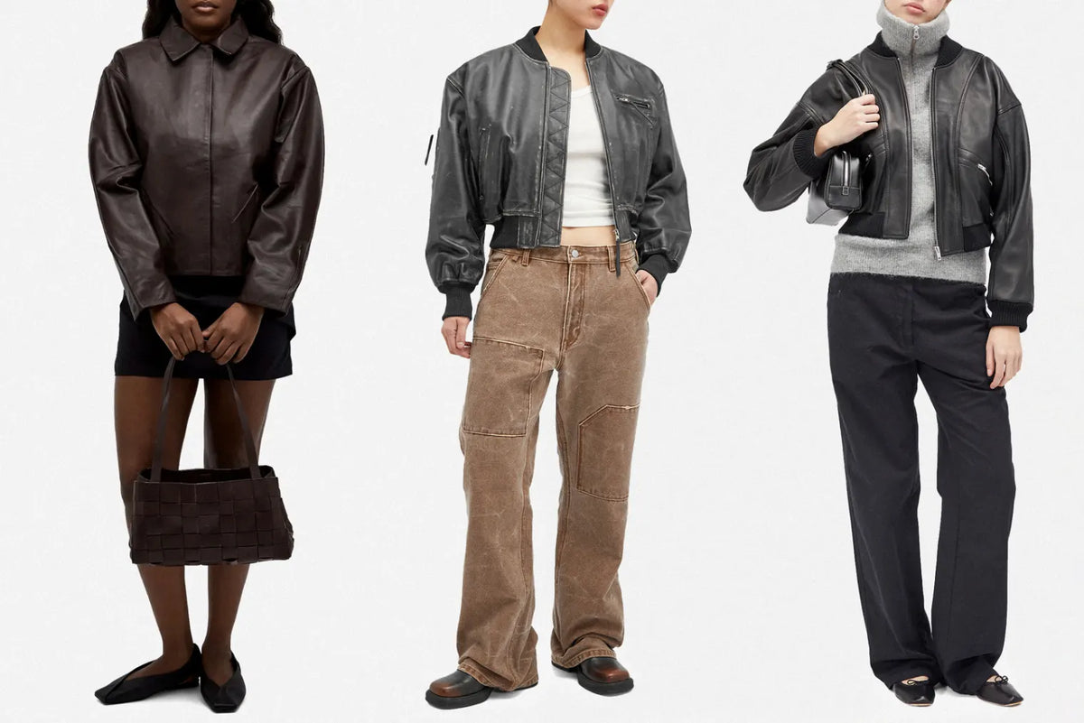 Women wearing a variety of leather jackets
