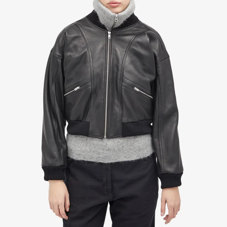 Women wearing leather bomber jacket
