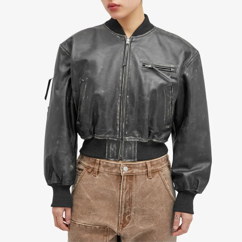 Women wearing leather bomber jacket