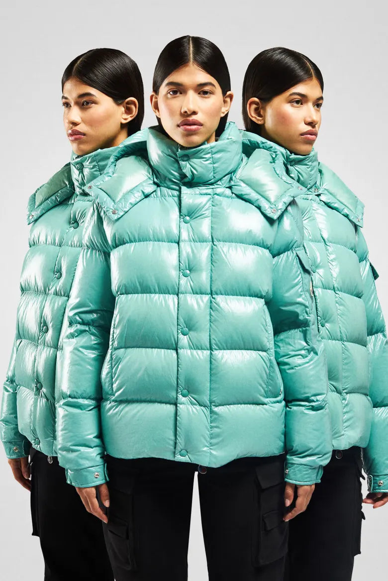 People wearing the Moncler Maya jacket in lots of different colours.