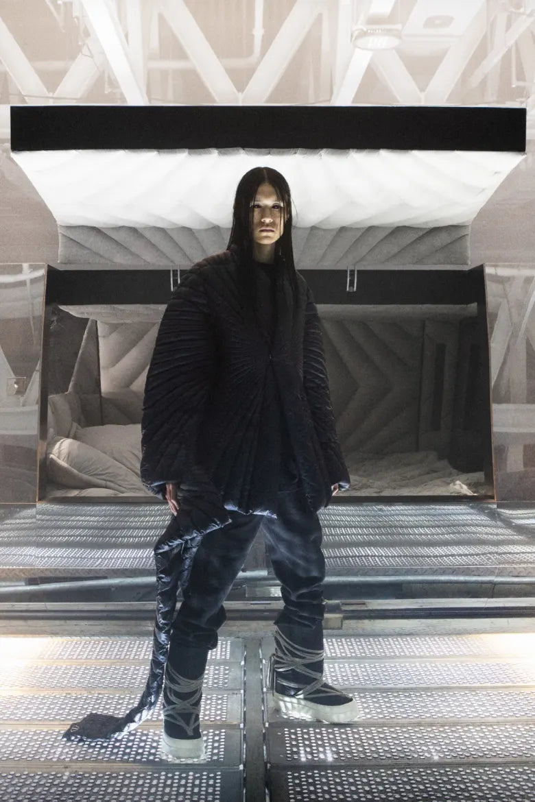 A model wearing the Moncler x Rick Owens collaboration.