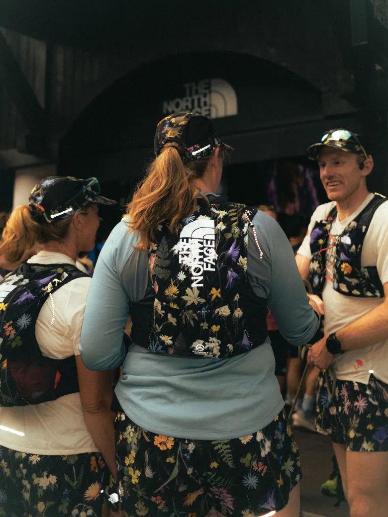 People wearing The North Face floral trail running gear.
