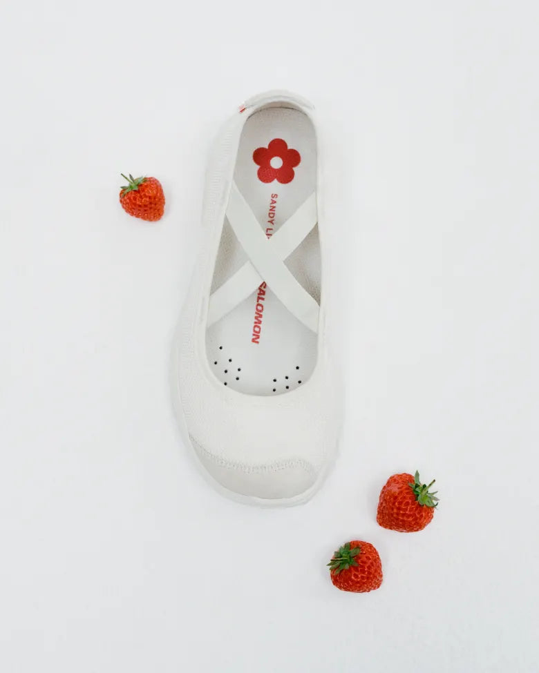 The Salomon x Sandy Liang collaboration footwear with some strawberries.