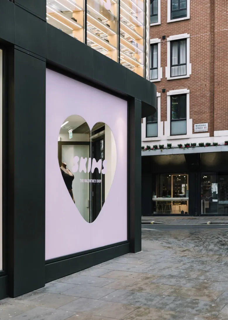 Exterior of END. Soho store with SKIMS Valentine posters in window
