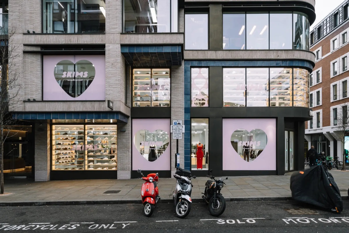 Exterior of END. Soho store with SKIMS Valentine posters in window