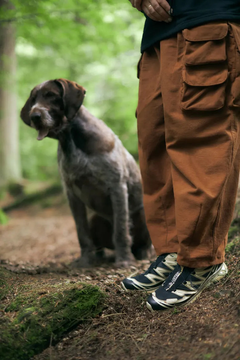Salomon XT-6 sneakers with a dog in the forest
