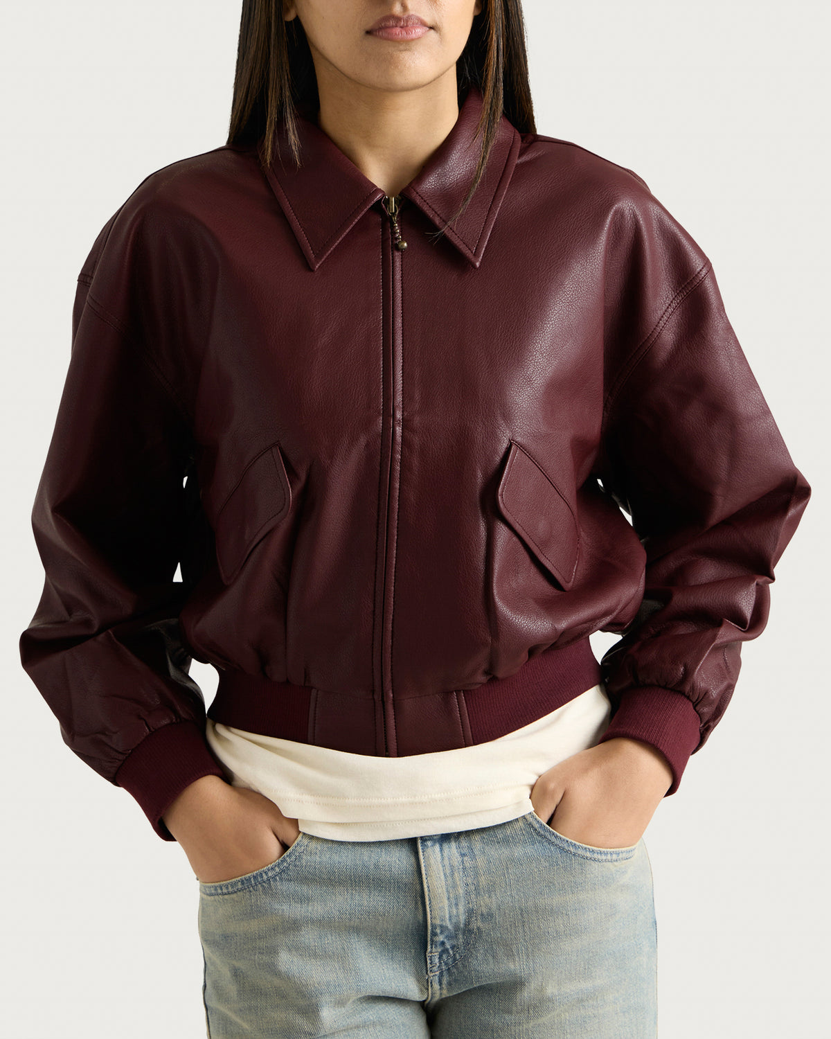 Good American Leather Cropped Bomber Jacket